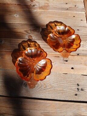 Vintage Jeannette Marigold Carnival Glass Clover Dishes, Iridescent MCM Glass